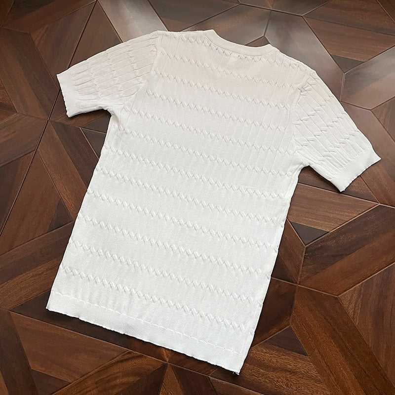 Thin Hollow-out Short-sleeve Knitted Shirt Mens Crew-neck T-shirt