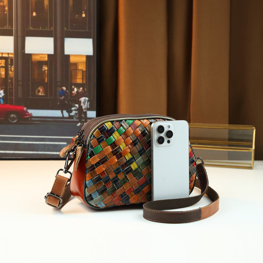 Womens Fashionable Genuine Leather Woven Shoulder Crossbody Bag