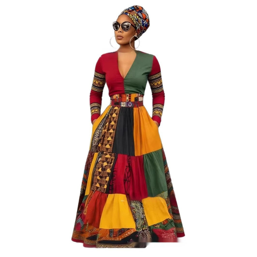 Womens 3D Digital Print V-Neck Short-SleeveLong-Sleeve Plus-Size Dress
