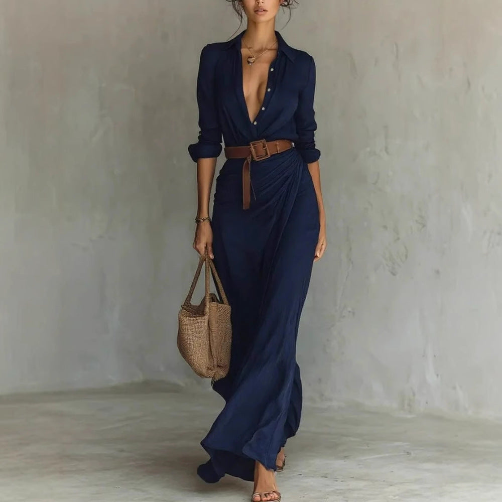 Vestido largo irregular con cinturón, camisa de manga larga con solapa de botones, moda elegante, uso diario para la oficina, ropa para mujer.