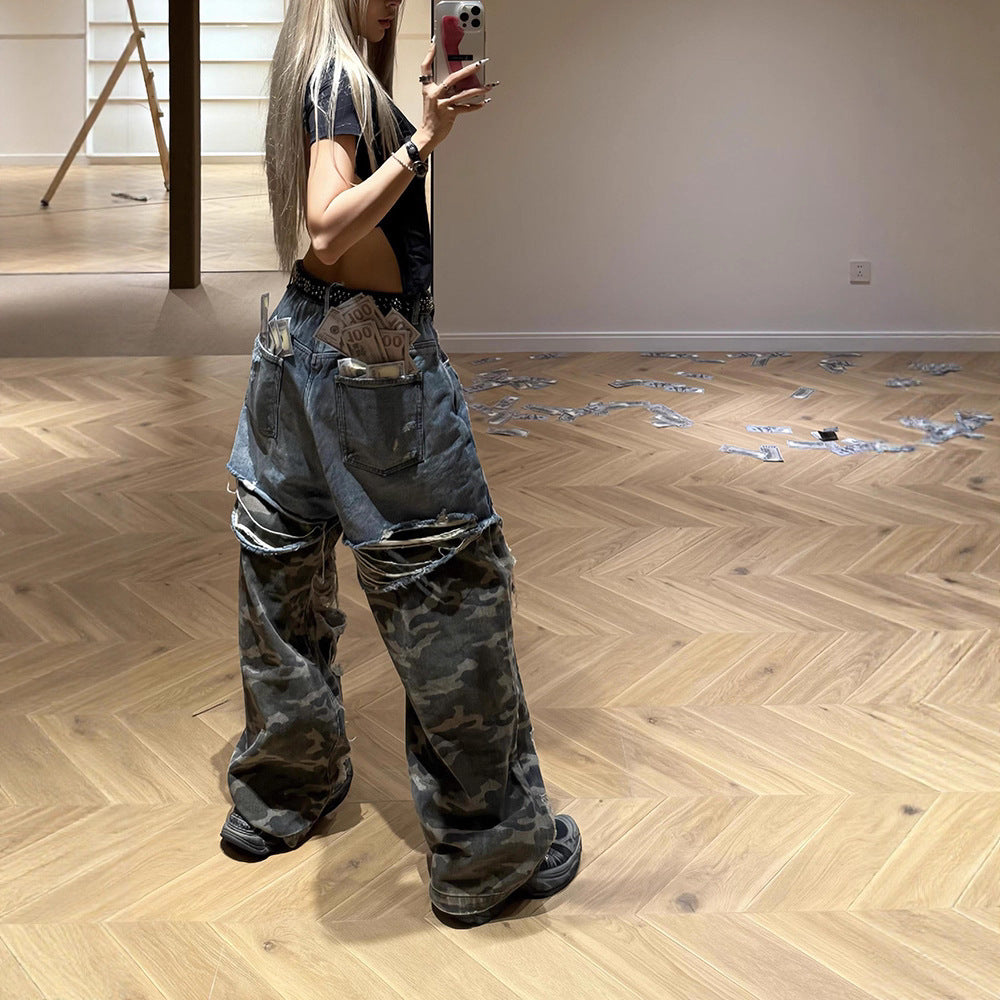 Distressed Washed Patchwork Camouflage Ripped Denim Jeans