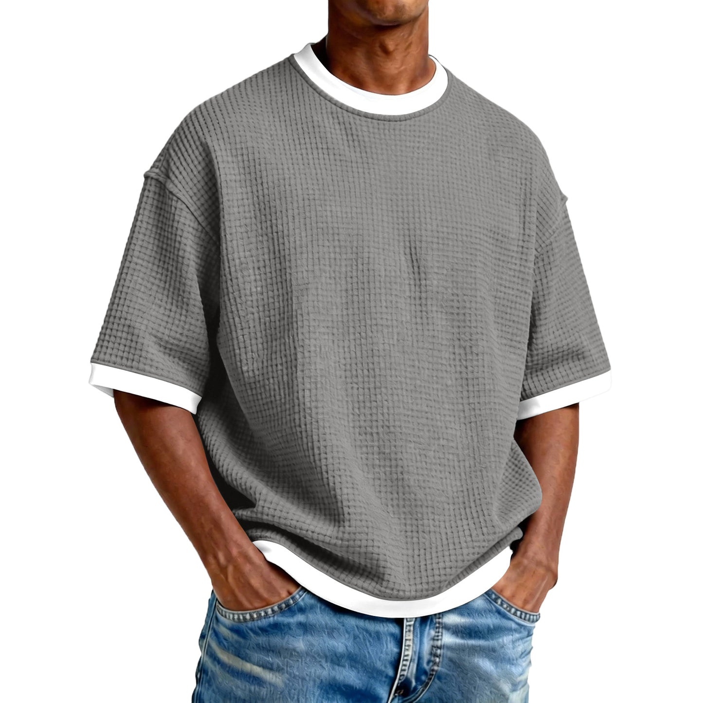 Men's Crew-Neck Contrast-Colored Casual T-Shirt