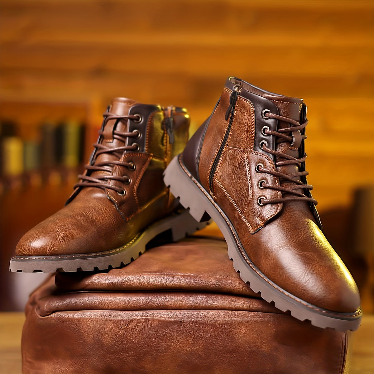 Botas de cuero de caña media con cremallera lateral, informales, para hombre, con combinación de colores
