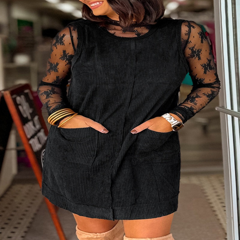 Beige Corduroy Sleeveless Mini Dress With Patched Pockets