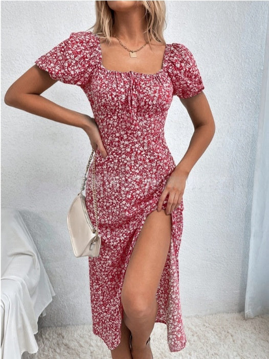 French-Style Floral Slip Dress - Women's Backless Sleeveless Slim-Fit Summer Midi Dress With Side Slit And Adjustable Suspender Straps