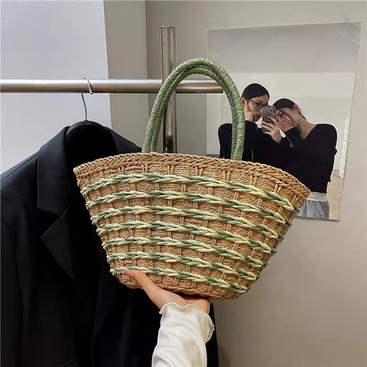 Bolso de hombro de playa tipo cesta, tejido a mano, de gran capacidad, con bloques de color para mujer, para vacaciones