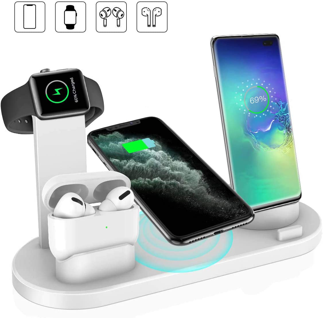 Cargador Inalámbrico Estación de Carga 4 en 1 para Apple Watch Series 8 7 iPhone 15 14 13 12 Pro AirPods Pro 3 2 Base de Carga