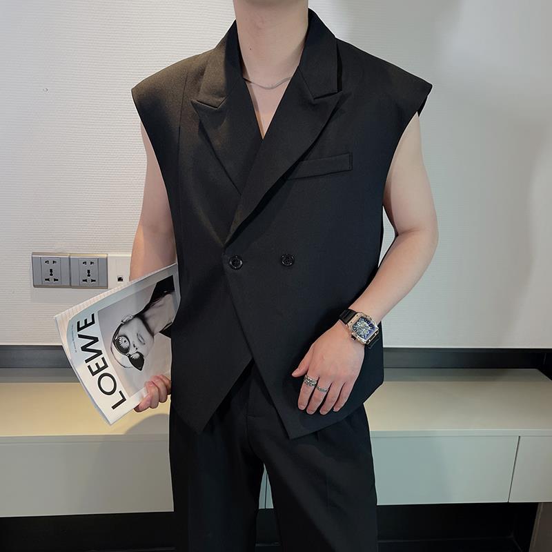 Chaleco de un solo pecho con dos botones para hombre, color liso, de moda - Castaño