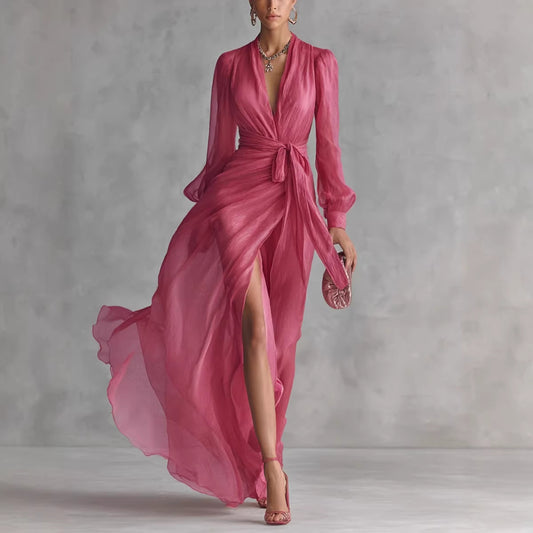 Casual Court-Style V-Neck Lace-Up Puff-Sleeve Dress - DRESS WELL STORE