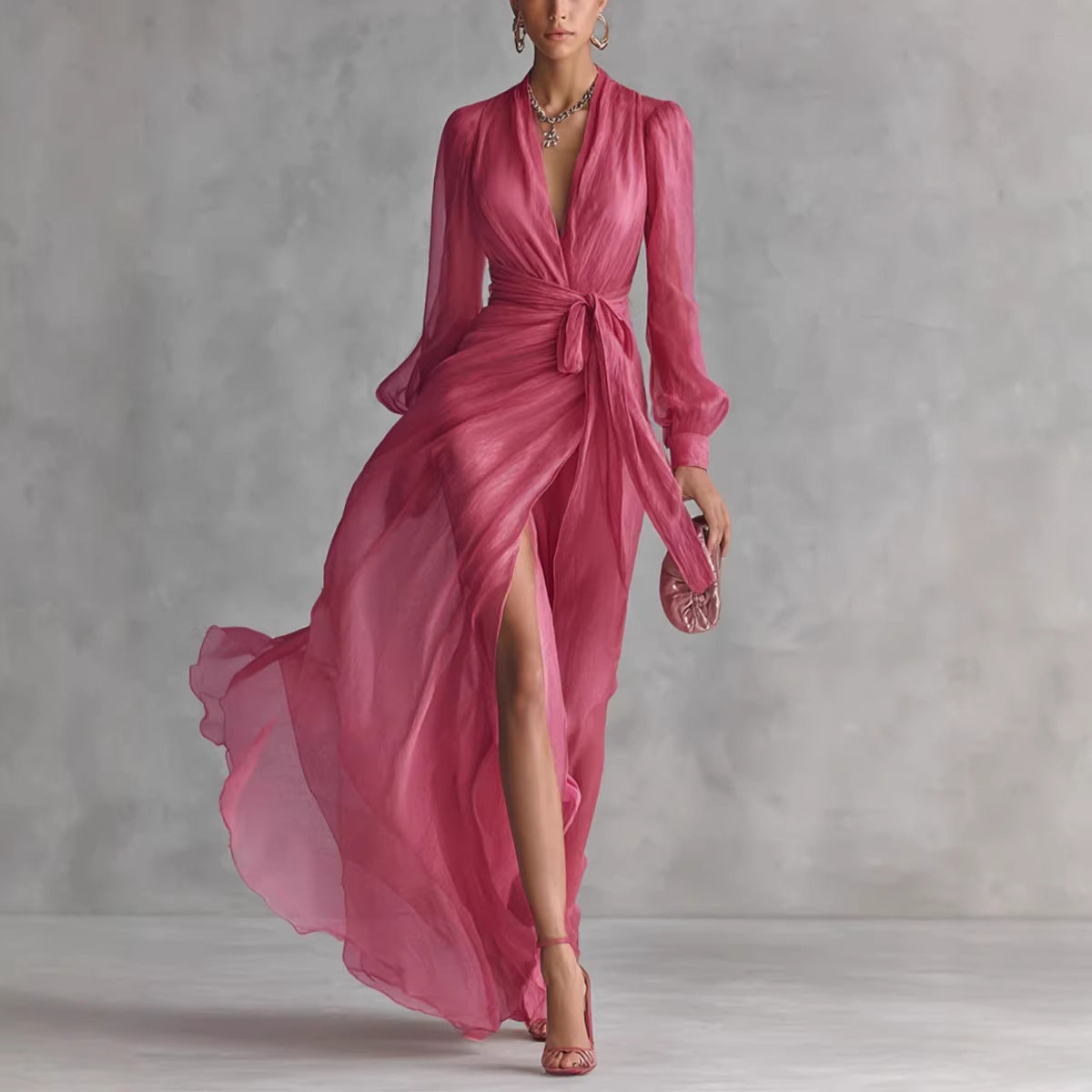 Casual Court-Style V-Neck Lace-Up Puff-Sleeve Dress - DRESS WELL STORE