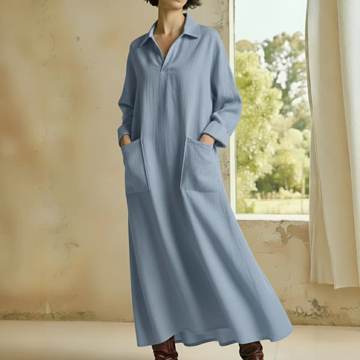 Vestido de manga larga informal con cuello alto, holgado y con bolsillos