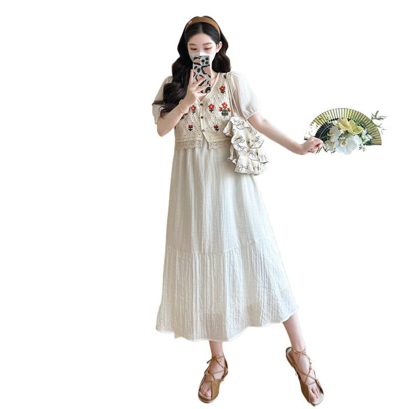 Elegante Vestido de Maternidad de Dos Piezas Falsas con Chaleco de Ganchillo