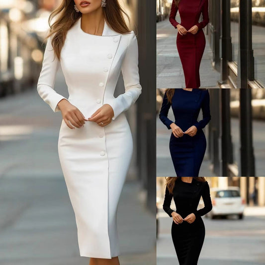 Vestido asimétrico entallado de botonadura sencilla estilo OL para ir al trabajo