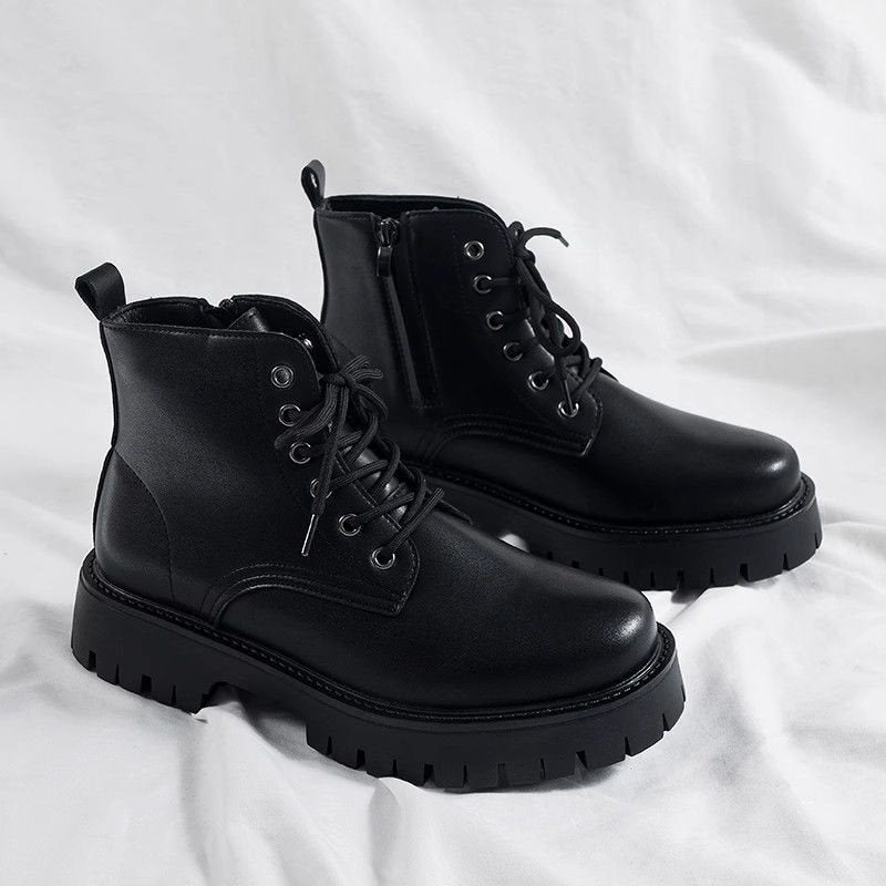 Zapatos de cuero negros de hombre de caña alta con cremallera lateral, botines tipo worker con alza