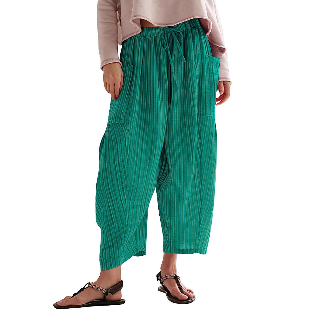 Striped Straight-leg Pants Elastic Waist Cropped Pleated Pants