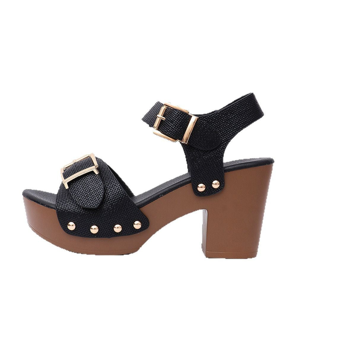 Sandalias de tacón alto grueso de talla grande con remaches y hebilla