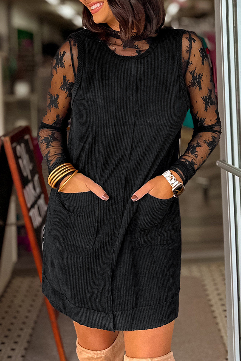 Beige Corduroy Sleeveless Mini Dress With Patched Pockets