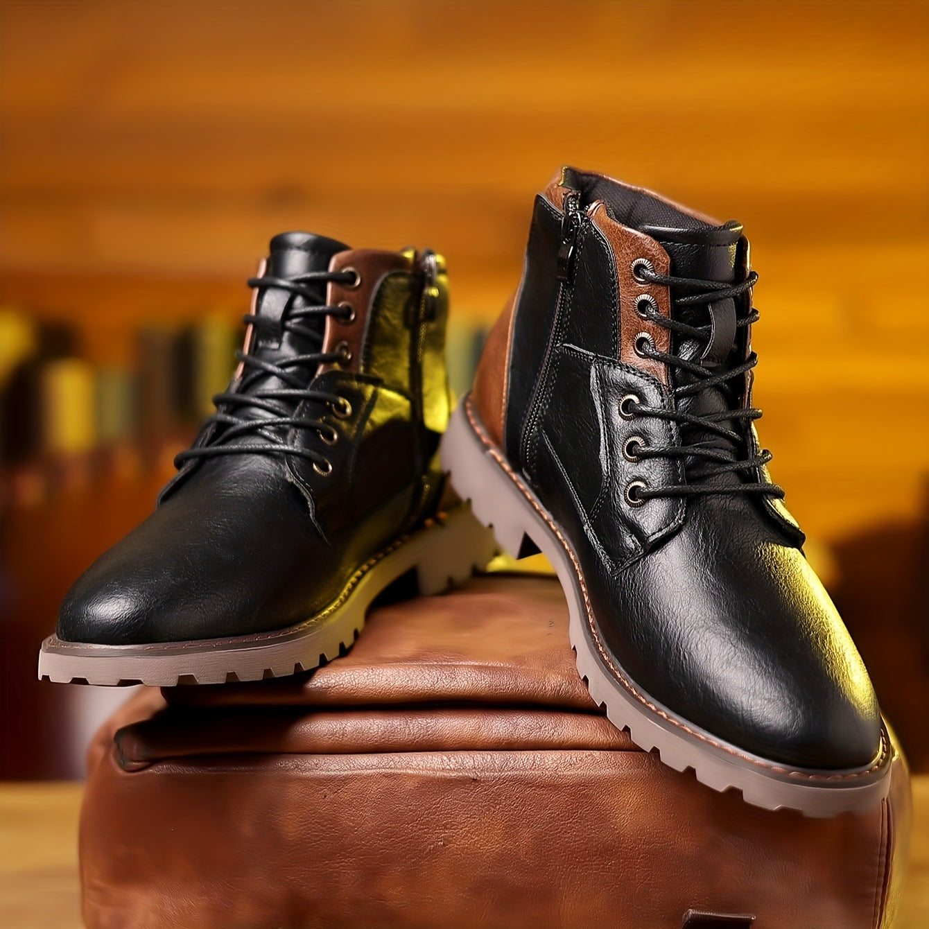 Botas de cuero de caña media con cremallera lateral, informales, para hombre, con combinación de colores