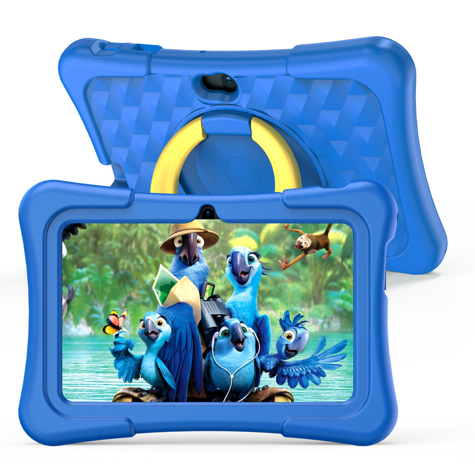 Tableta educativa para niños de 7 pulgadas con funda protectora de silicona y soporte con asa giratoria de 360 grados