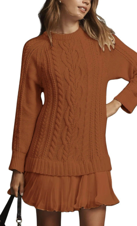 25 Autumn Europe And America Cross Border Amazon Independent Station AliExpress Solid Color Knitted Long Sleeve Pullover Stitching Pleated Dress