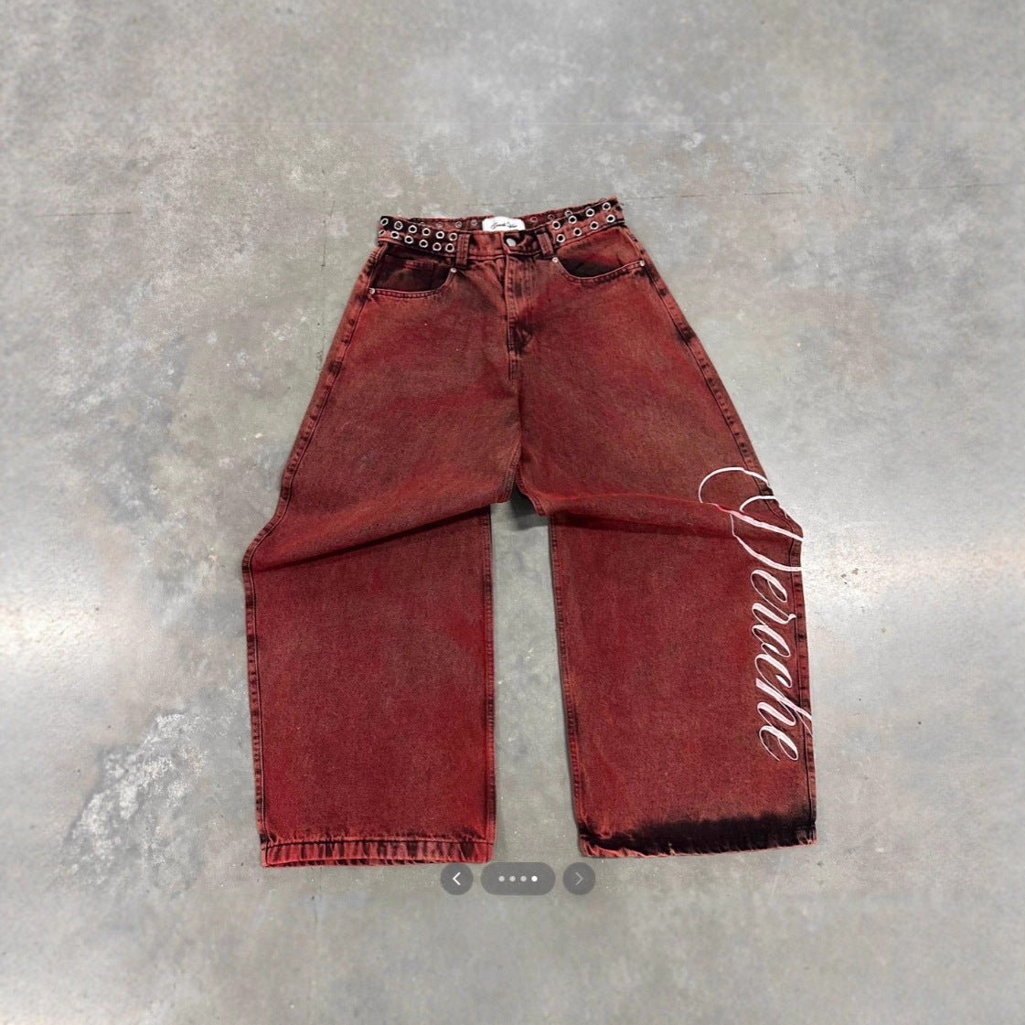 Y2K Letter-embroidered Rivet Belt Washed Vintage Jeans
