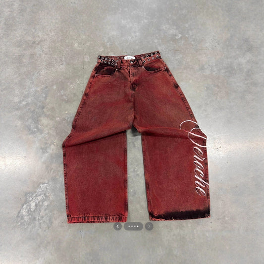 Y2K Letter-embroidered Rivet Belt Washed Vintage Jeans