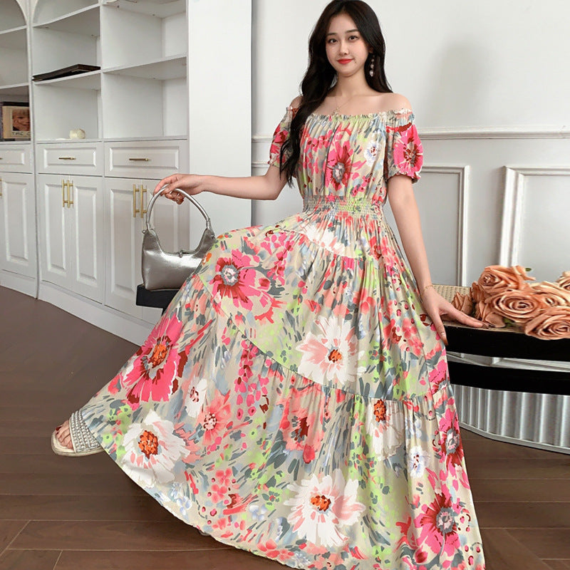 Summer Ethnic-style Elastic-waist Beach Bohemian Shoulder Dress