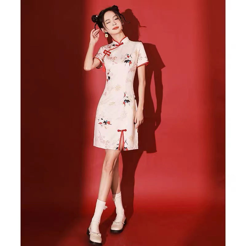 Vestido corto de dama de honor estilo cheongsam de moda nacional mejorado
