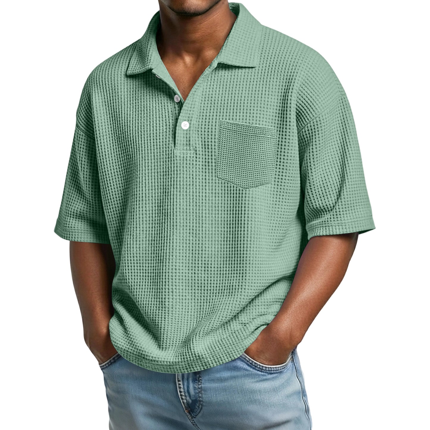 Polo de hombre de manga corta con solapa, tejido waffle y color liso