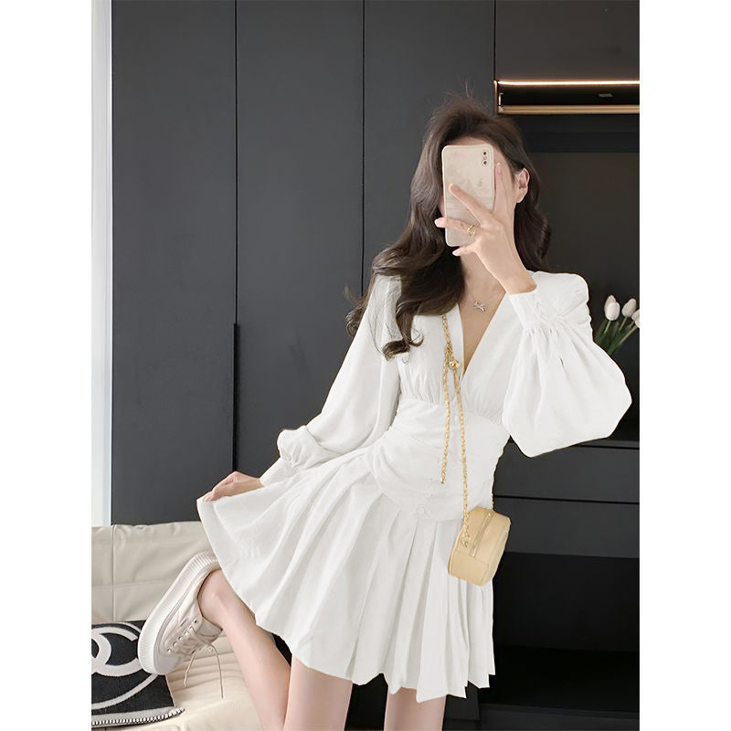 Womens French-style Cinched Waist Chiffon Solid Color Long-Sleeve Dress
