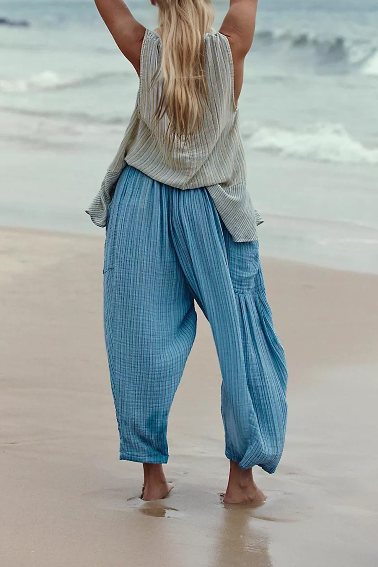 Striped Straight-leg Pants Elastic Waist Cropped Pleated Pants