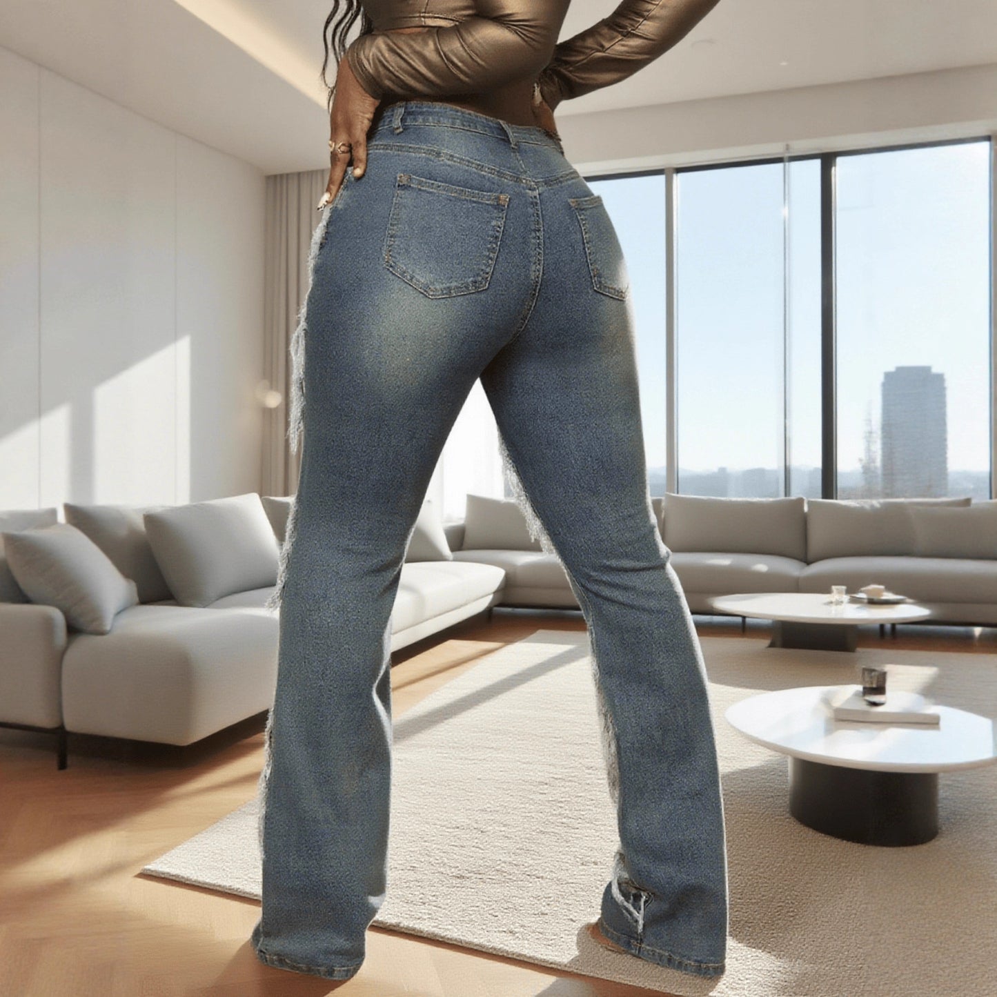 Women's Multi-Process Striped Washed Denim Jeans