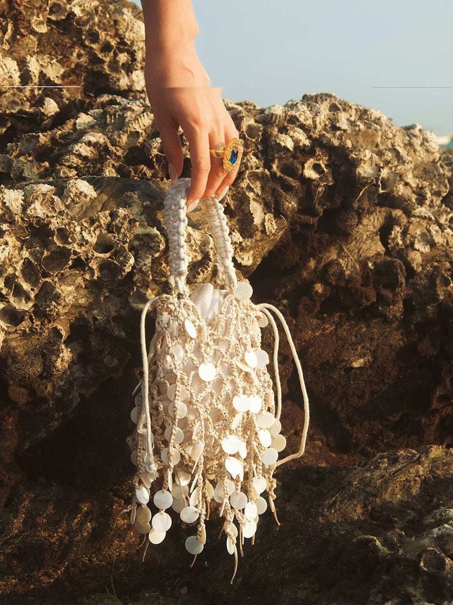 Bolso de mano elegante con forma de concha, diseño retro francés, lentejuelas, tejido, borlas y algodón-lino.