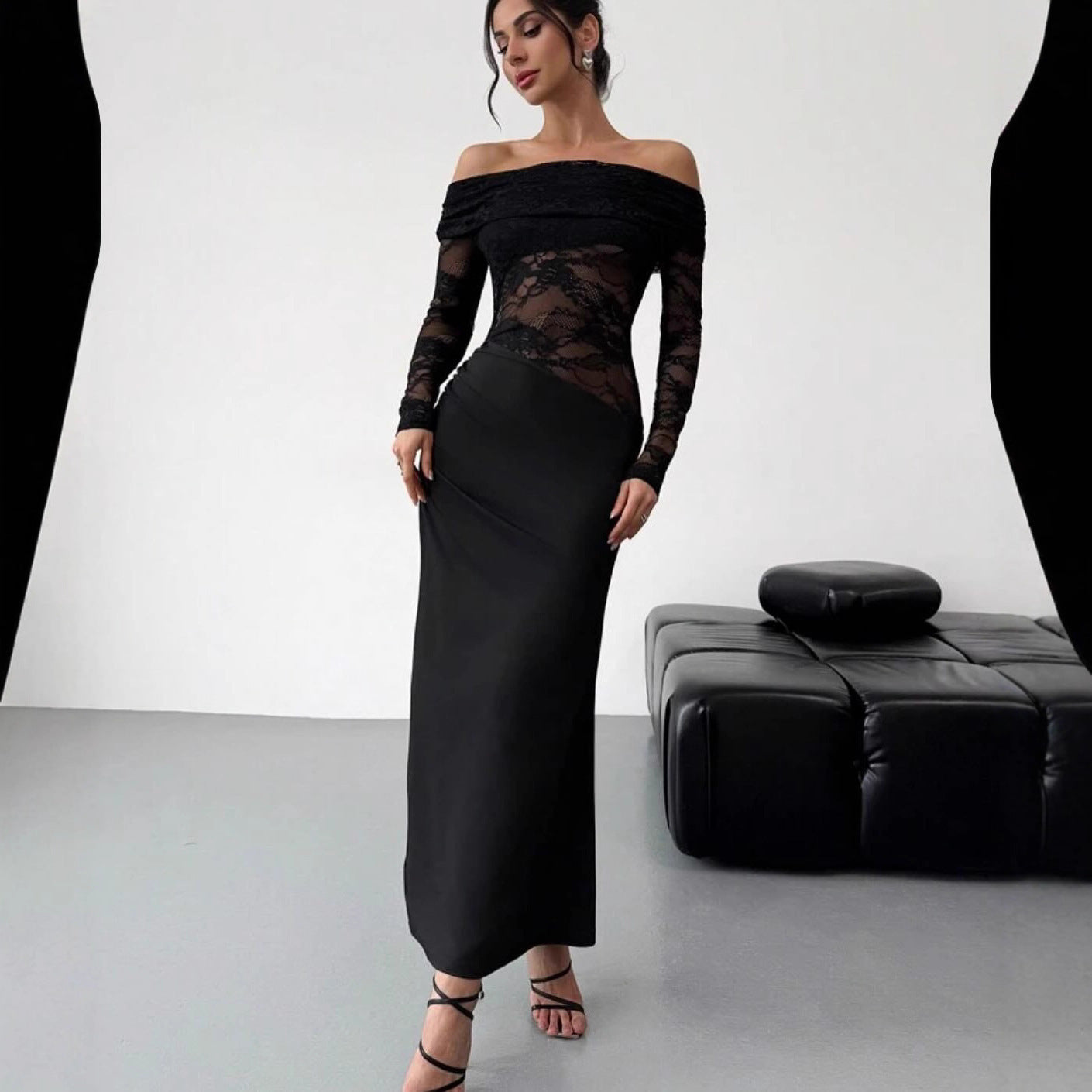 Womens Sexy Hollow-Out Lace Long-Sleeve Dress