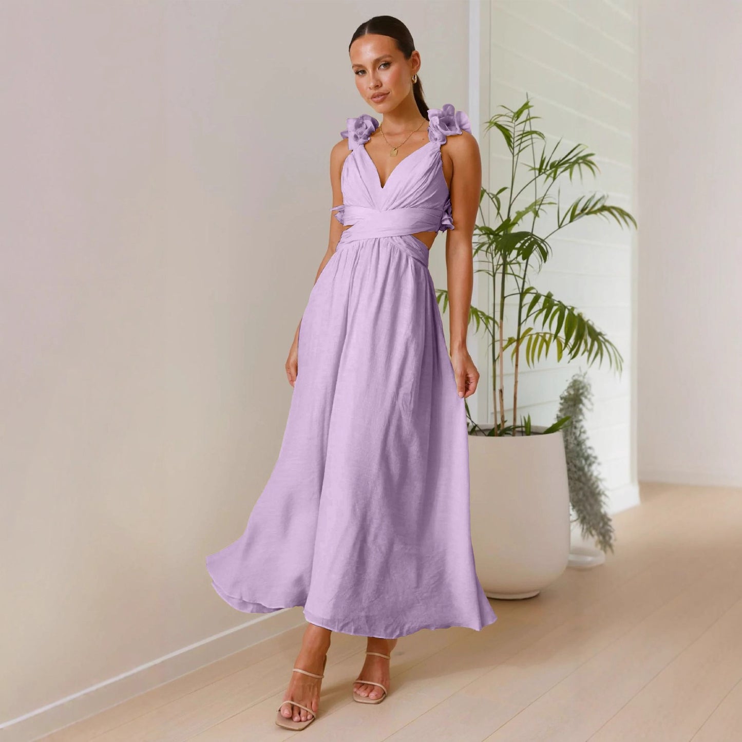 Vestido de chifón floral sin espalda con tirantes cruzados