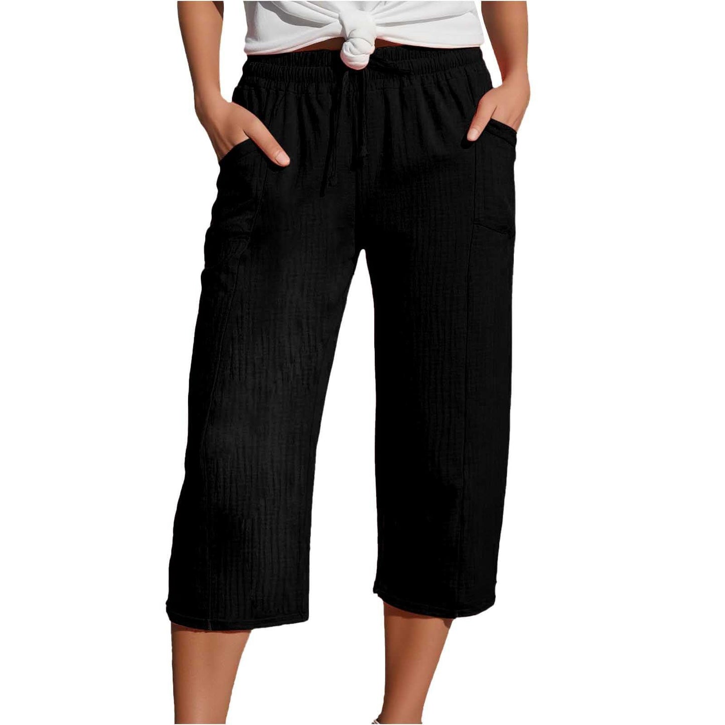 Women's Cotton-Linen Solid-Color Casual Cropped Pants With Elastic Waist