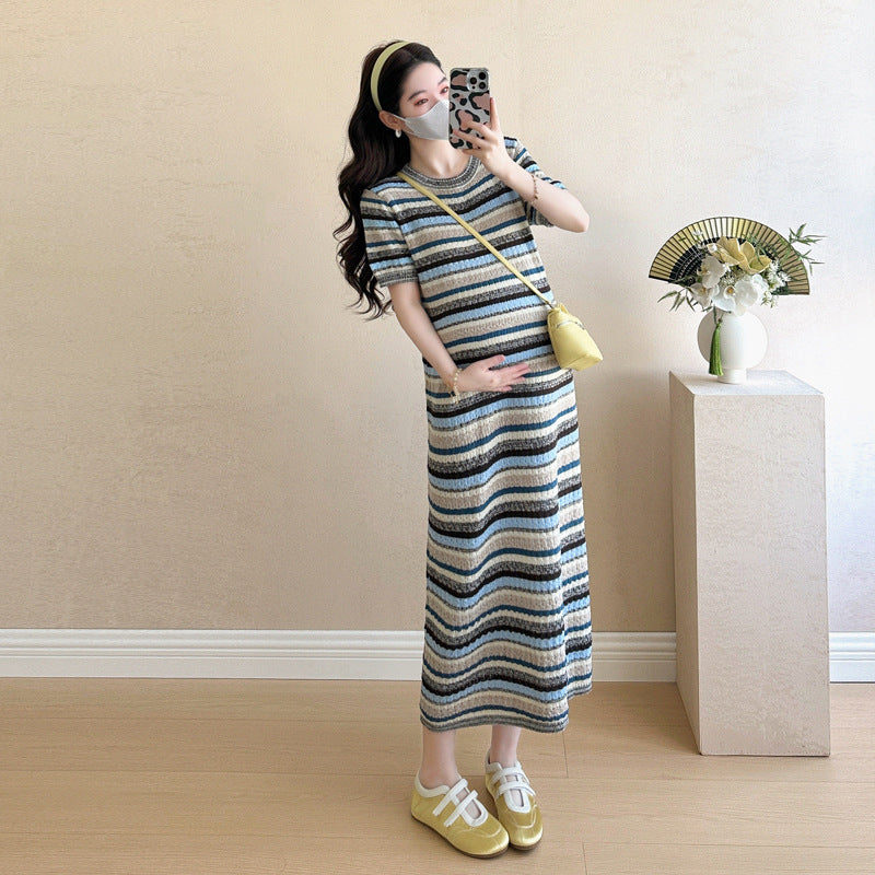 Striped Color-Block Crew-Neck Short-Sleeve Maternity Dress