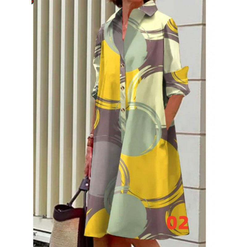 Elegant Polka-dot Printed Shirt-collar Mid-length Dress With Long Sleeves