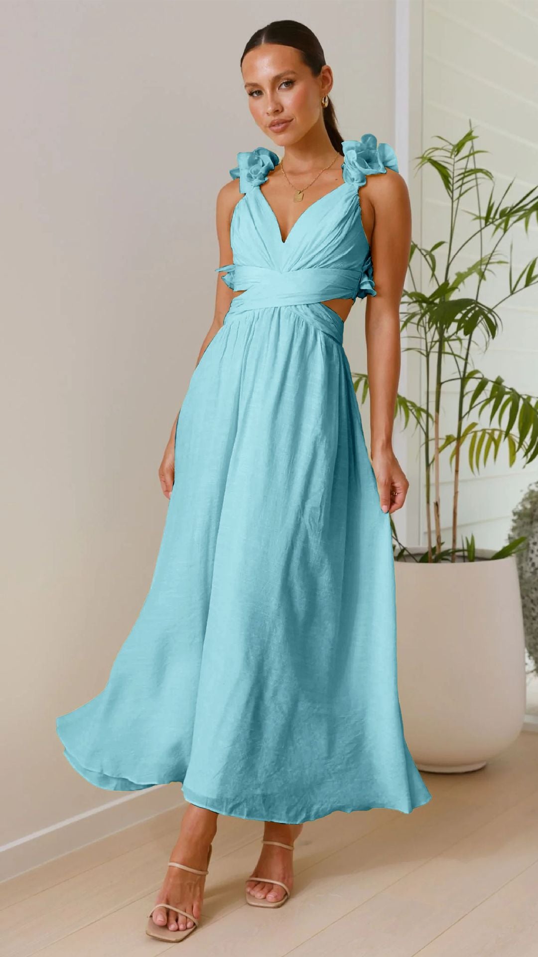 Vestido de chifón floral sin espalda con tirantes cruzados