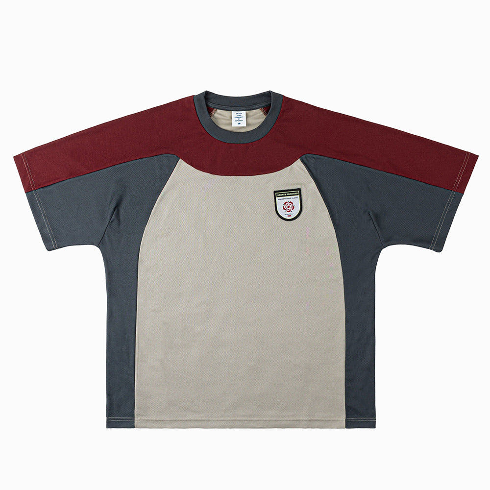 Retro Three-Color Patchwork Design Crew Neck Short Sleeves
