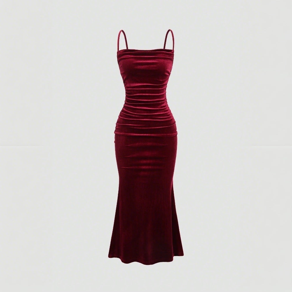 Vestido de terciopelo sin tirantes para mujer europea y americana, vestido de banquete de longitud media con temperamento elegante