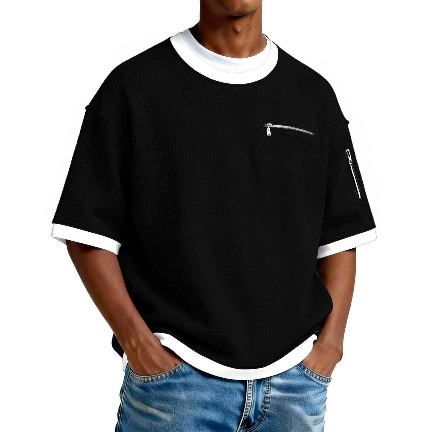 Men's Crew-Neck Contrast-Colored Casual T-Shirt