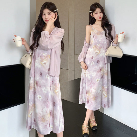 Vestido lencero con estampado morado de estilo dulce y delicado, y cárdigan de dos piezas