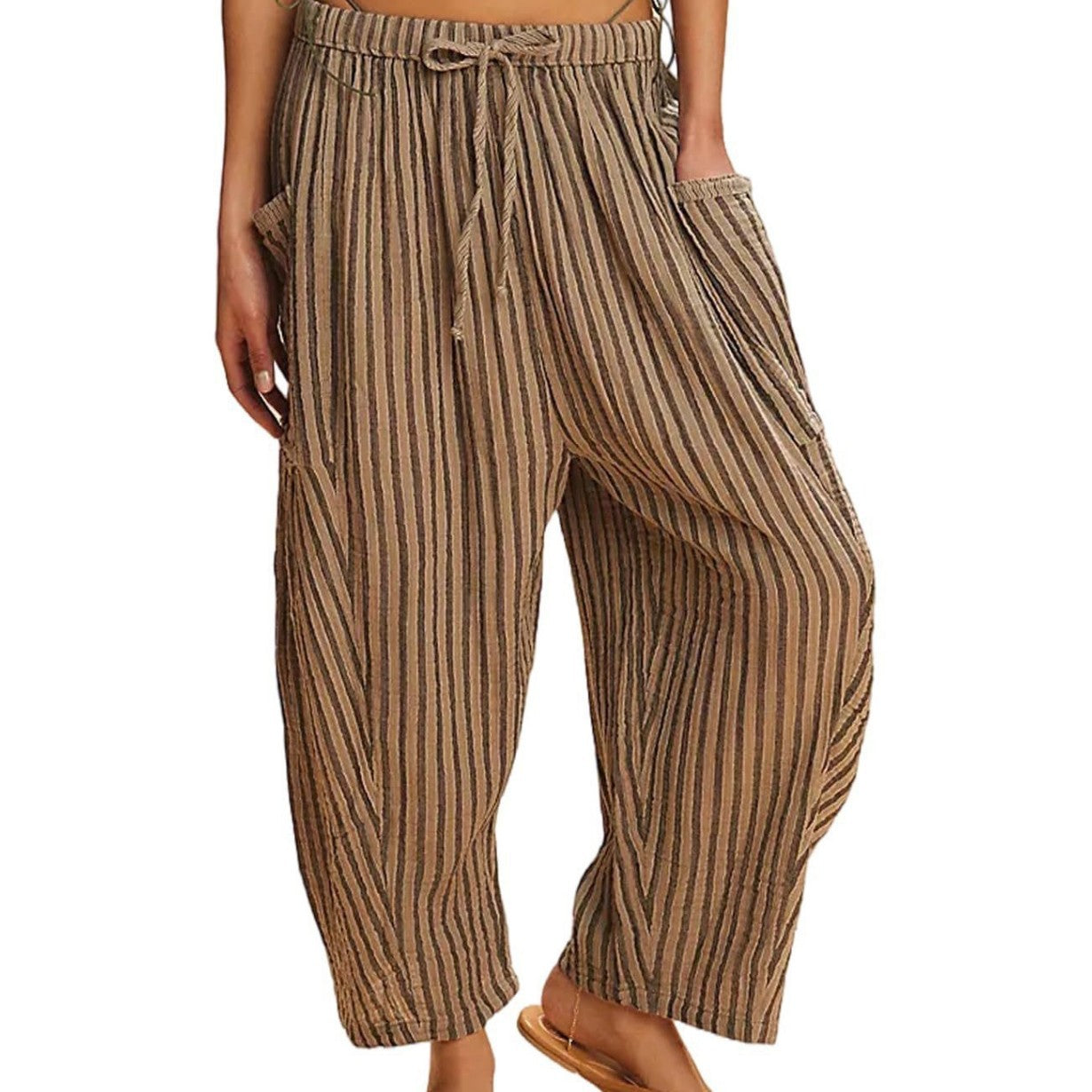 Striped Straight-leg Pants Elastic Waist Cropped Pleated Pants