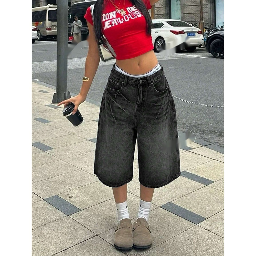 Womens Retro Washed Cropped Denim Jeans