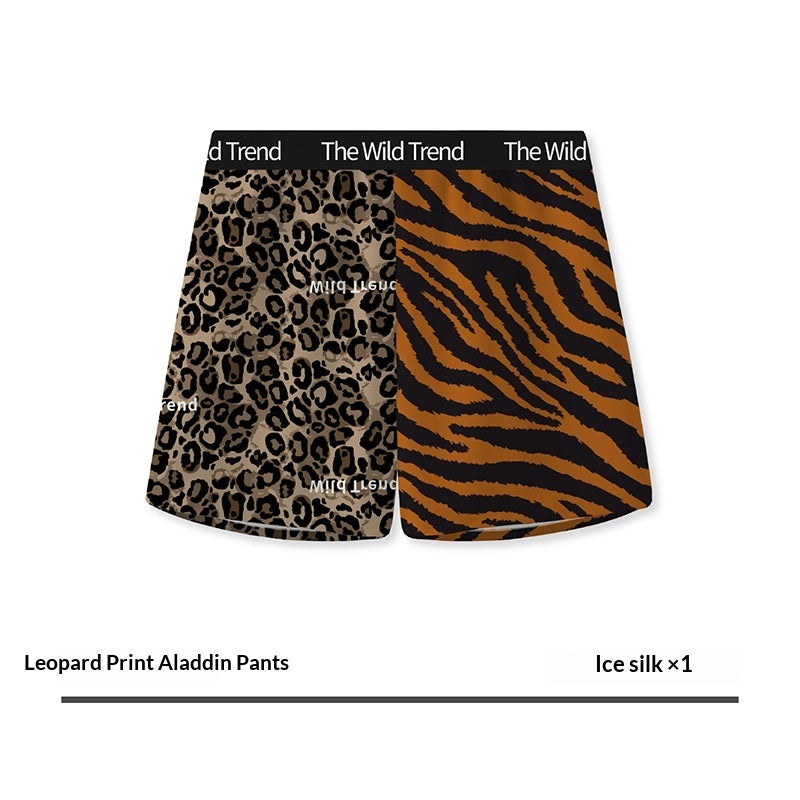 Pantalones Aloha de seda helada con estampado de leopardo para hombre con diseño estampado para usar en casa