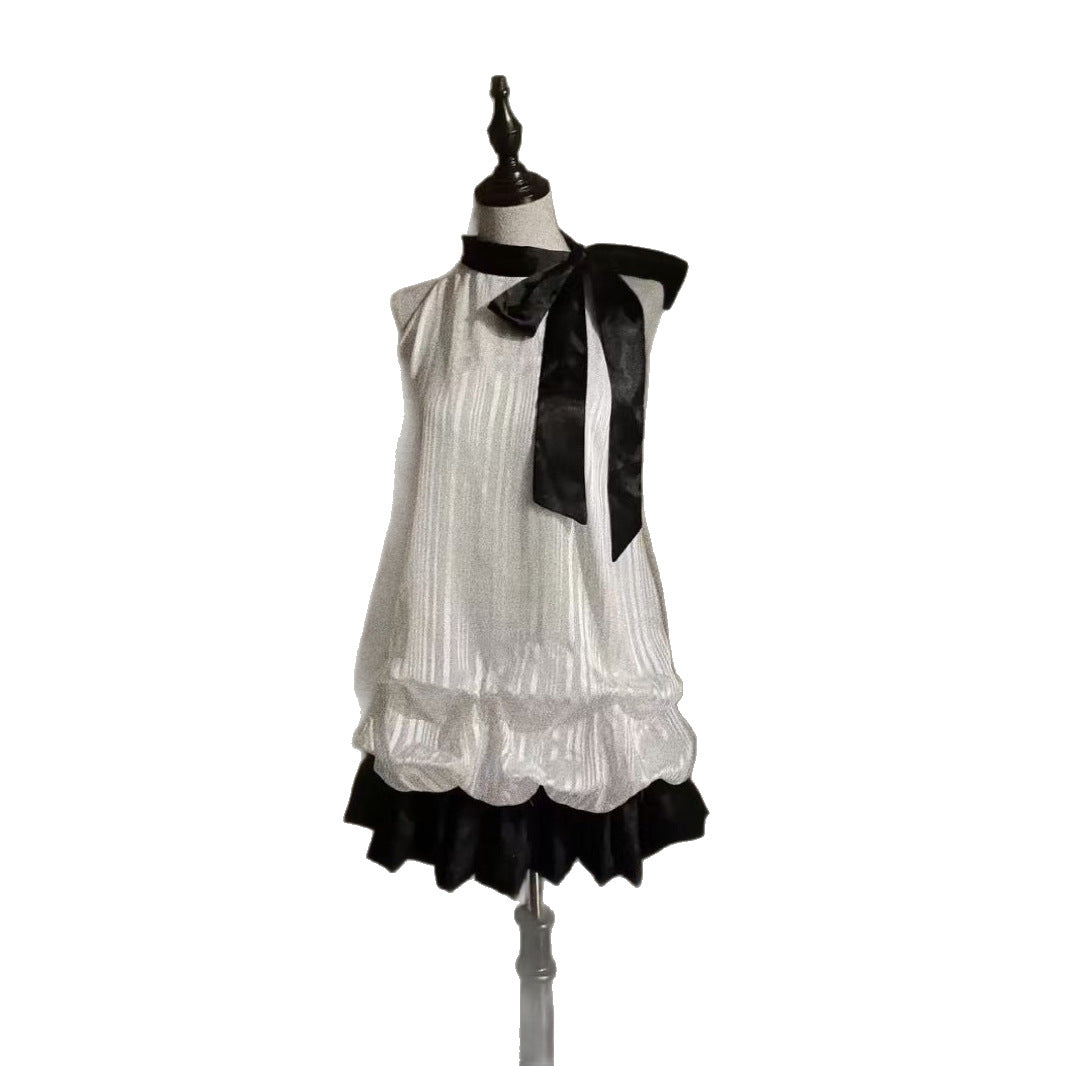 Halterneck Flower Bud Bow Patchwork Dress