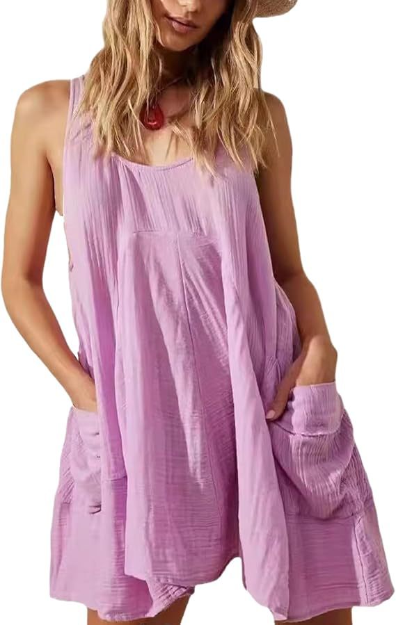 Sleeveless Crewneck Backless Mini Dress Loose-fit Tank Dress With Pockets