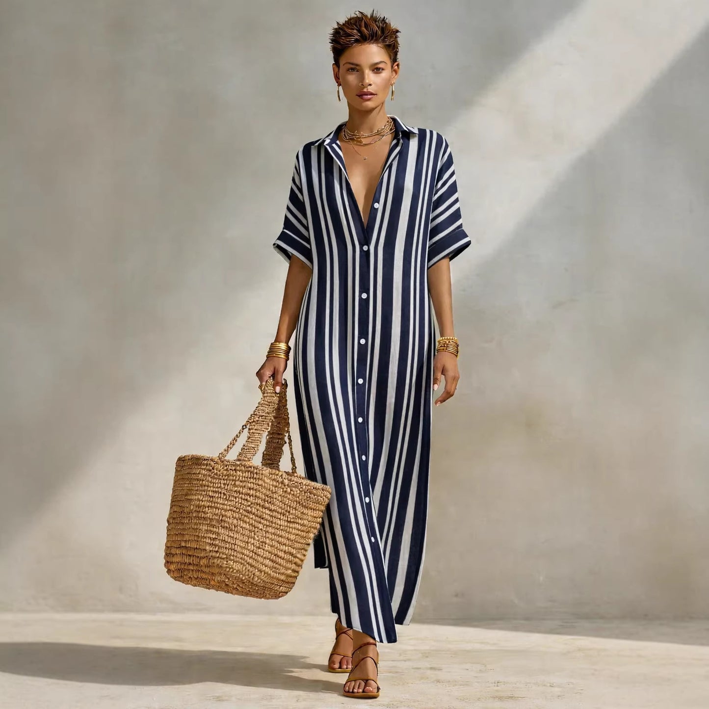 Women's Fashion Loose Casual Striped Shirt Dress