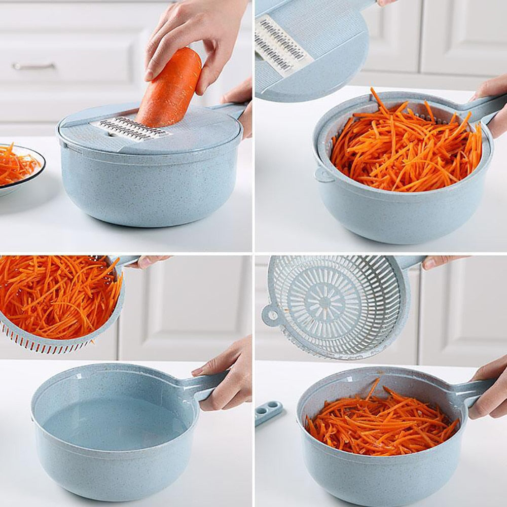 Rebanador de mandolina 8 en 1, rebanador de verduras, pelador de patatas, rallador de zanahoria y cebolla con colador, cortador de verduras, accesorios de cocina